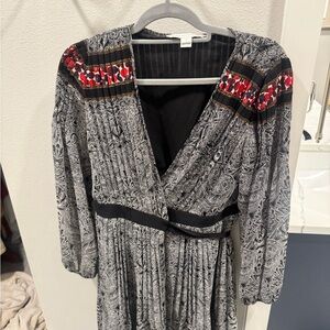 Diane Von Furstenberg Black & White Paisley Wrap Dress with Red Shoulder Detail